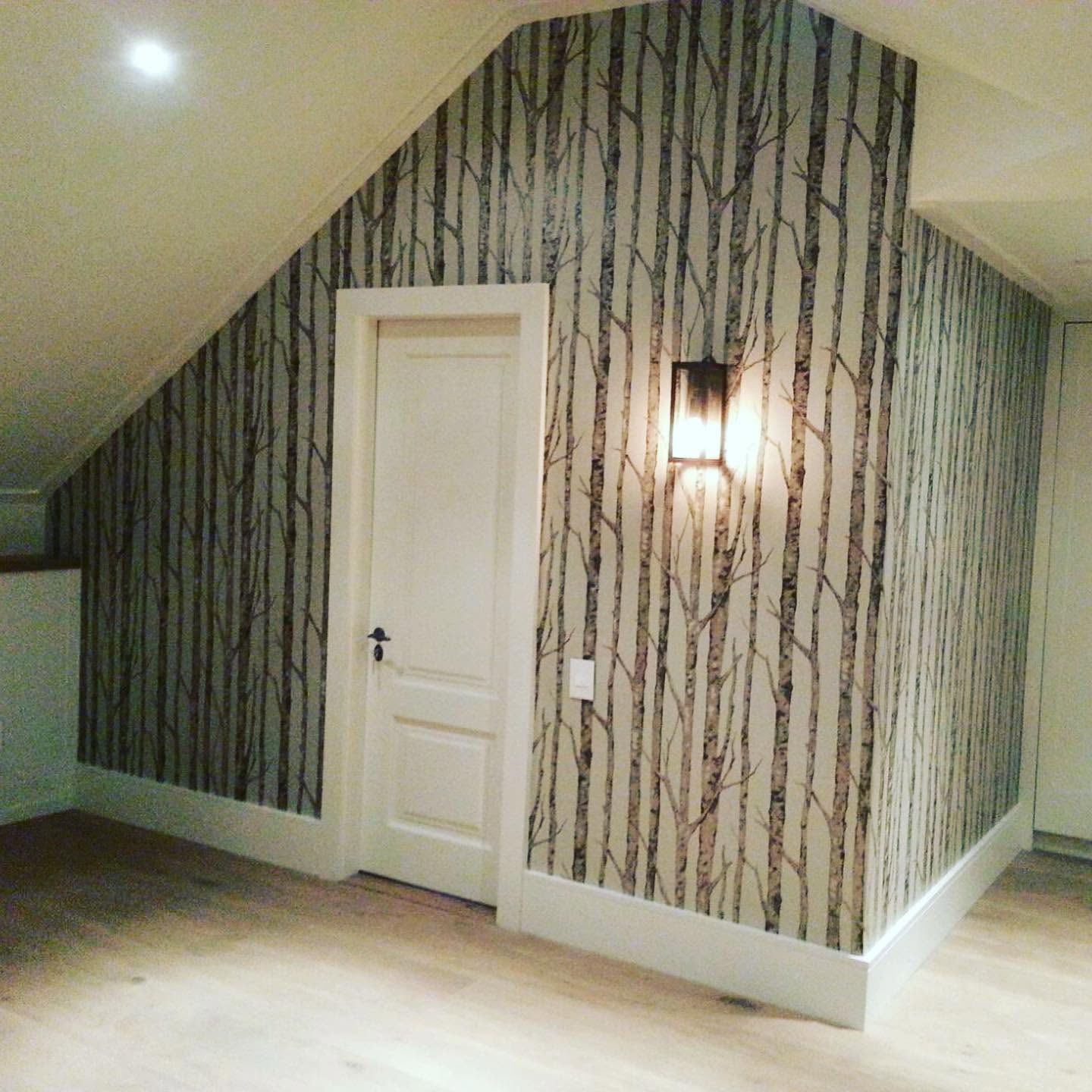 Birch tree wallpaper on the sloped walls of an attic room