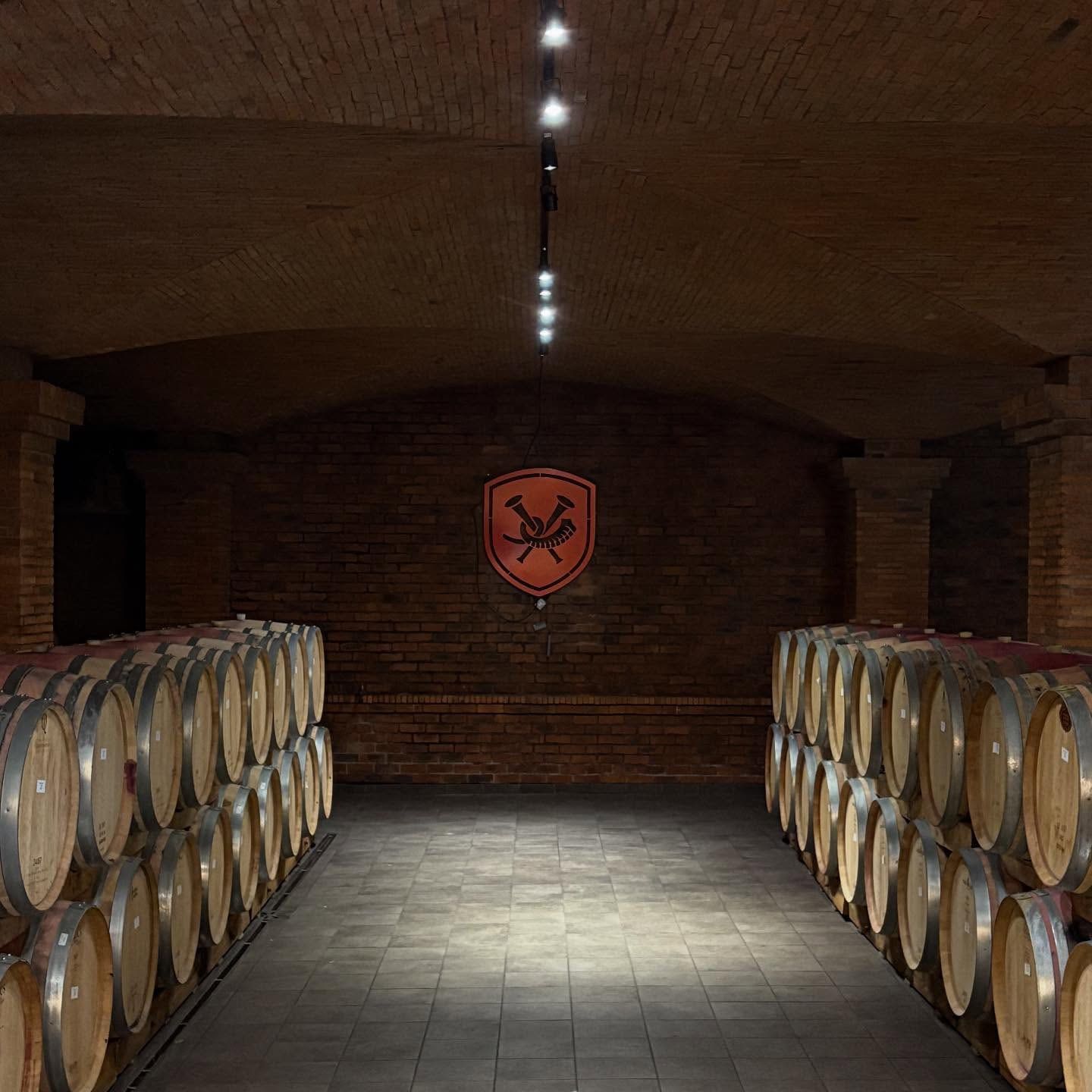 Illuminated La Motte crest at the end of a vaulted barrel cellar
