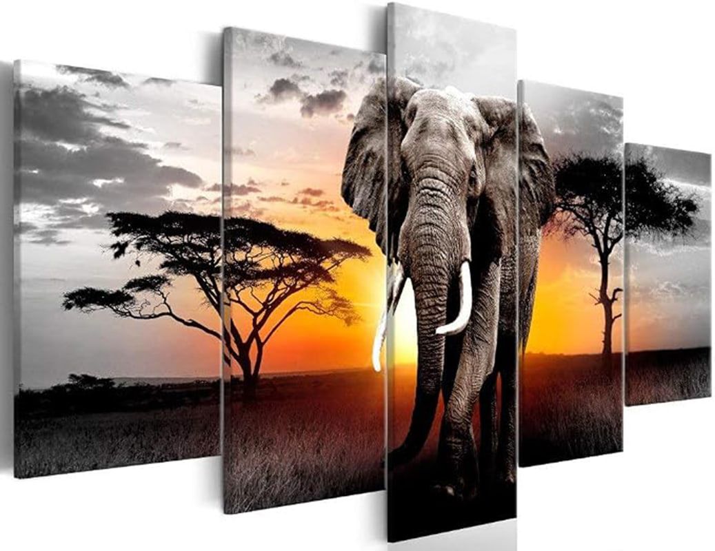 Canvas print split across five panels, showing an elephant walking towards the viewer at sunset between acacia trees