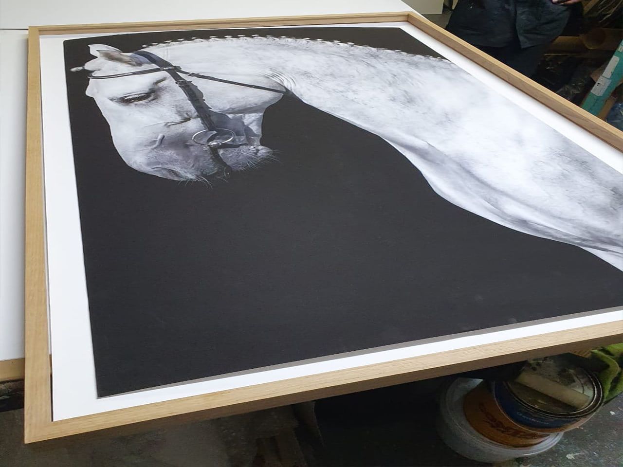 Large framed fine art print of a white horse