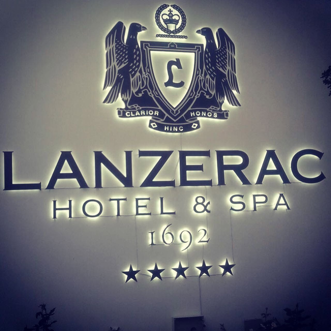 Illuminated Lanzerac Hotel and Spa sign with the estate crest, 1692 and five stars